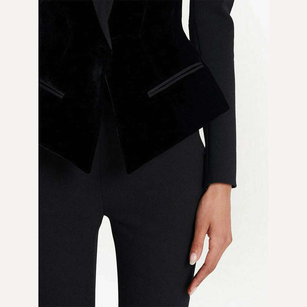 KIMLUD, VGH Soild Patchwork Velvet Blazer For Women Notched Collar Long Sleeve Spliced Pockets Slimming Blazers Female Autumn Clothing, KIMLUD Womens Clothes