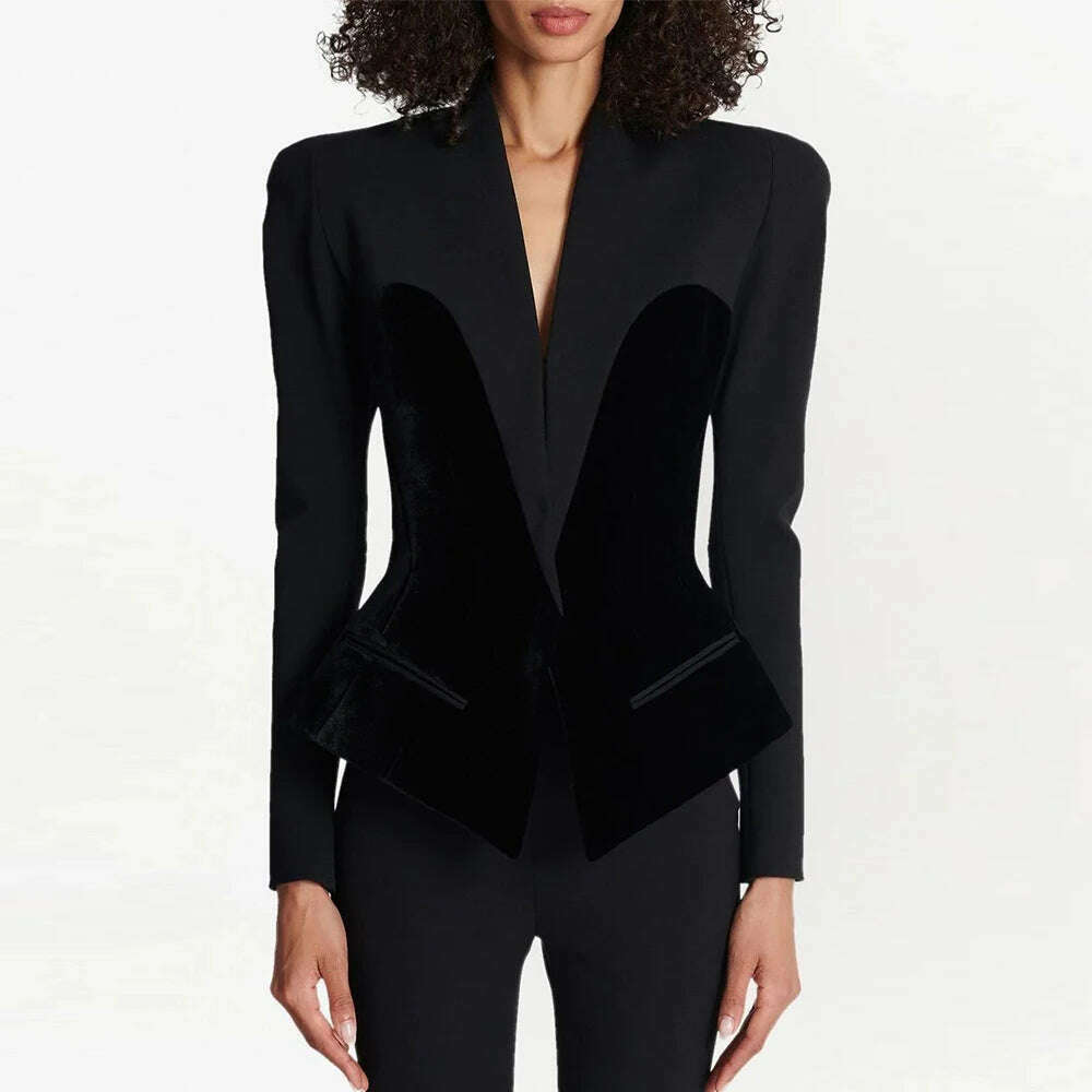 KIMLUD, VGH Soild Patchwork Velvet Blazer For Women Notched Collar Long Sleeve Spliced Pockets Slimming Blazers Female Autumn Clothing, Black / S, KIMLUD APPAREL - Womens Clothes