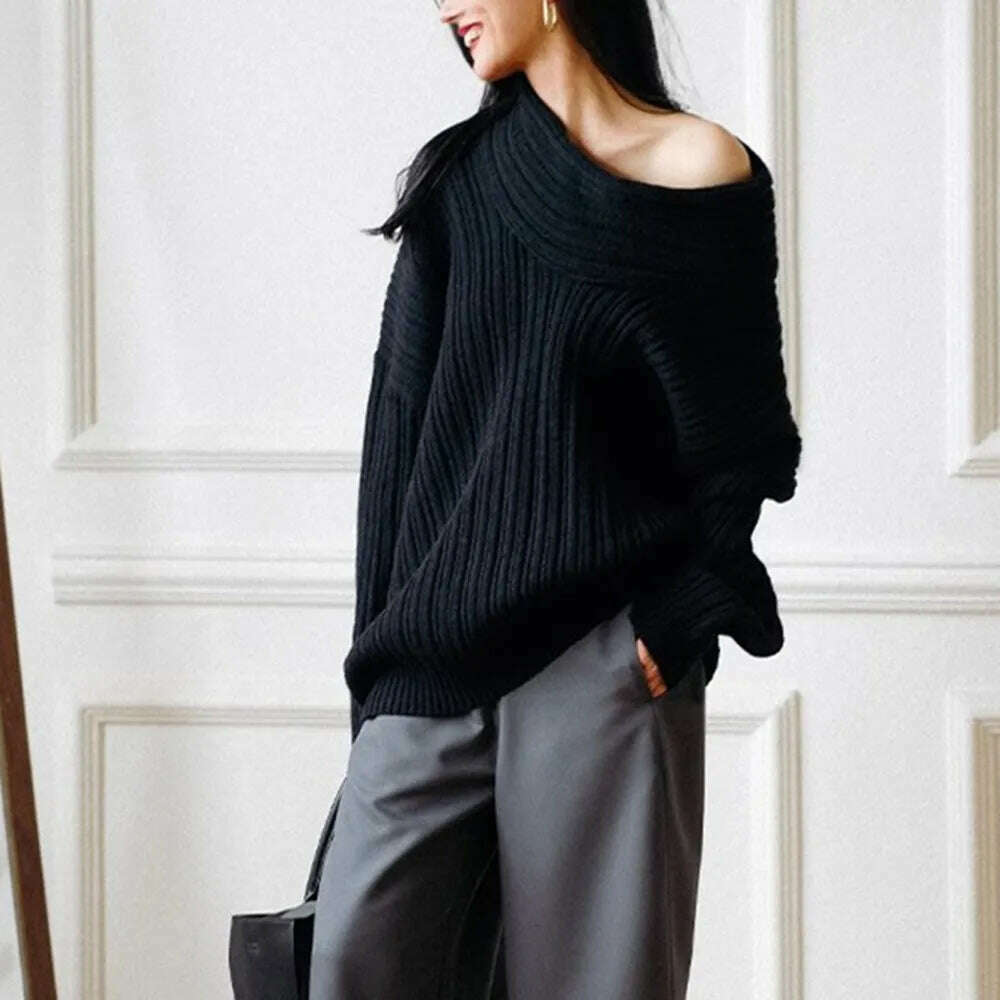 KIMLUD, VGH Solid Knitting Minimalist Loose Sweaters For Women Diagonal Collar Long Sleeve Off Shoulder Casual Pullover Sweater Female, BLACK / One Size, KIMLUD APPAREL - Womens Clothes