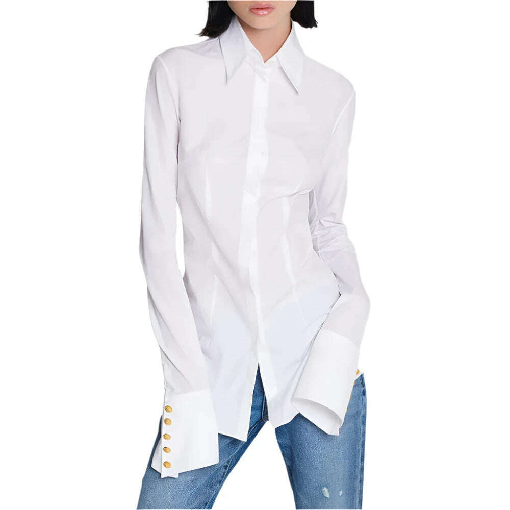 KIMLUD, VGH Solid Minimalist Slimming Shirts For Women Lapel Long Sleeve Patchwork Single Breasted Vintage Shirt Female Fashion Style, KIMLUD Womens Clothes