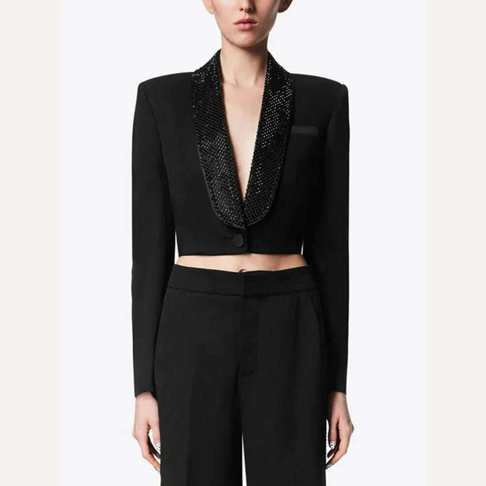 VGH Solid Patchwork Diamonds Backless Blazer For Women Notched Collar Long Sleeve Spliced Button Temperament Blazers Female New - KIMLUD