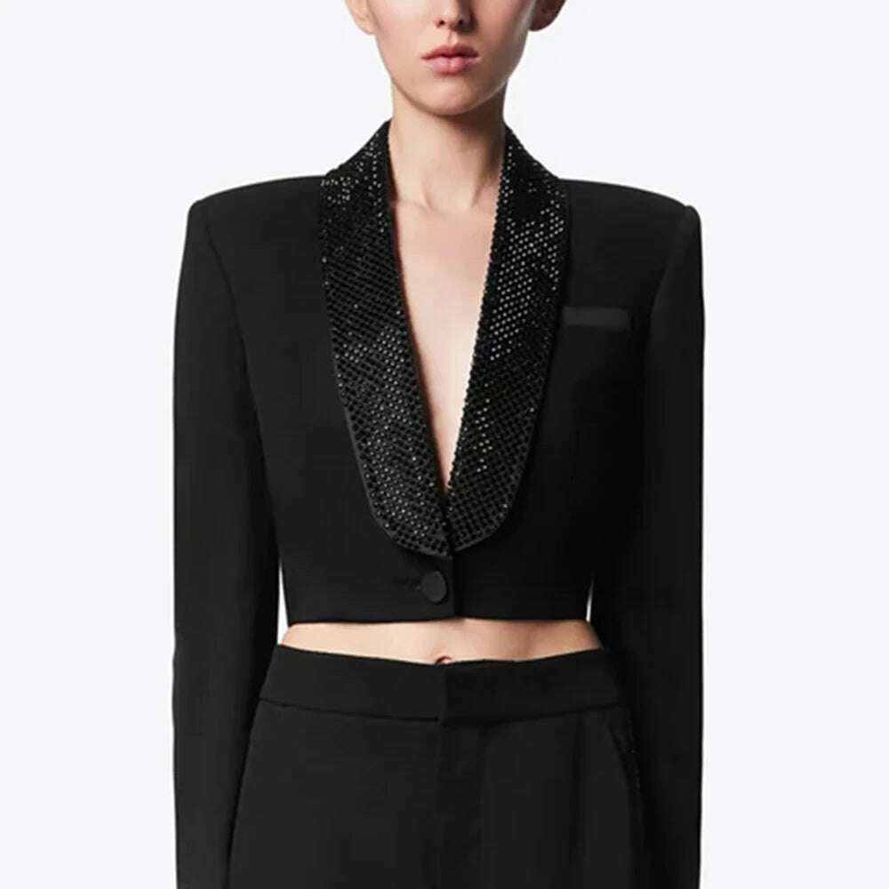 VGH Solid Patchwork Diamonds Backless Blazer For Women Notched Collar Long Sleeve Spliced Button Temperament Blazers Female New - KIMLUD