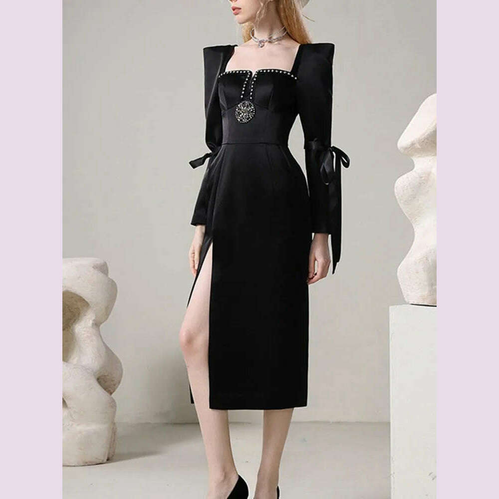 KIMLUD, VGH Solid Patchwork Diamonds Elegant Dress For Women Square Collar Long Sleeve High Waist Spliced Lace Up Split Dresses Female, KIMLUD Womens Clothes