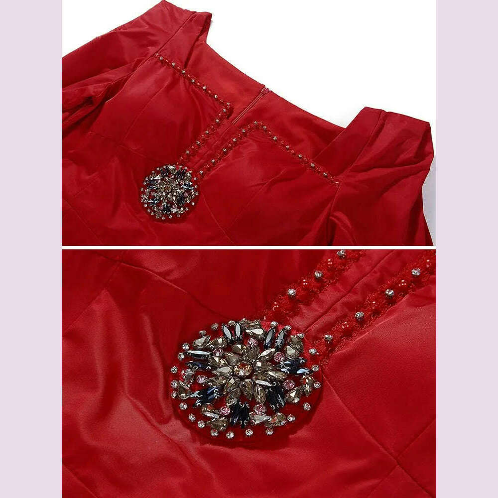 KIMLUD, VGH Solid Patchwork Diamonds Elegant Dress For Women Square Collar Long Sleeve High Waist Spliced Lace Up Split Dresses Female, KIMLUD Womens Clothes