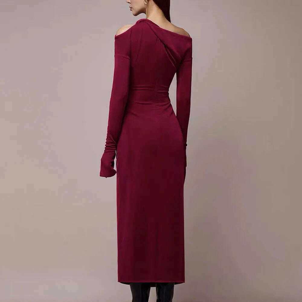 KIMLUD, VGH Solid Patchwork Folds Elegant Dress For Women Diagonal Collar Long Sleeve High Waist Temperament Split Dresses Female New, KIMLUD Womens Clothes