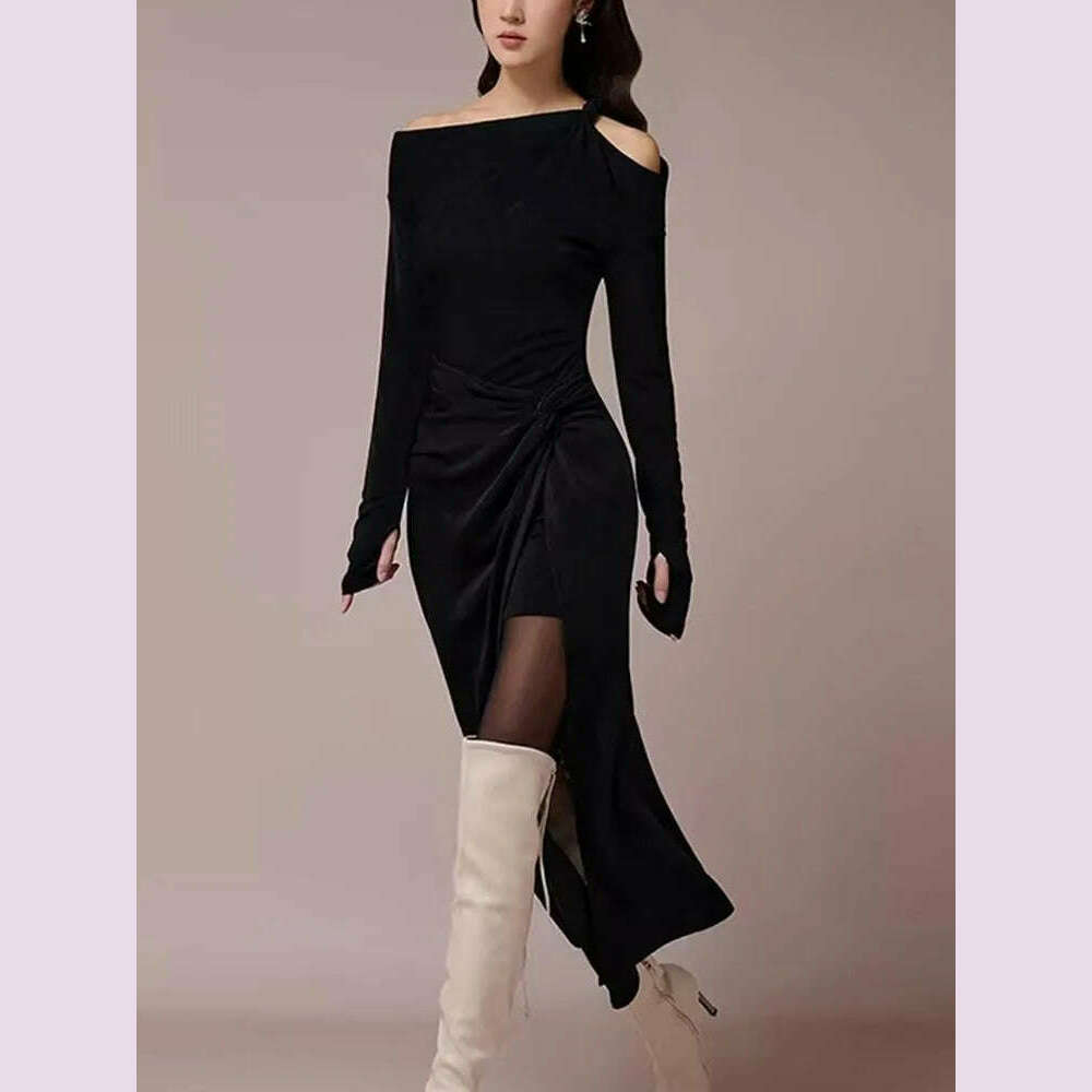 KIMLUD, VGH Solid Patchwork Folds Elegant Dress For Women Diagonal Collar Long Sleeve High Waist Temperament Split Dresses Female New, KIMLUD Womens Clothes