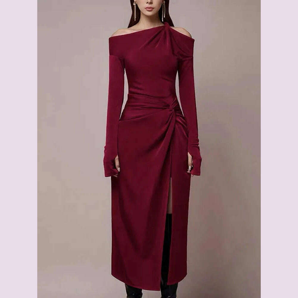 KIMLUD, VGH Solid Patchwork Folds Elegant Dress For Women Diagonal Collar Long Sleeve High Waist Temperament Split Dresses Female New, KIMLUD Womens Clothes