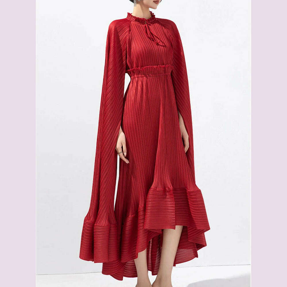 KIMLUD, VGH Solid Patchwork Lace Up Elegant Dress For Women Stand Collar Cloak Sleeve High Waist Ruffles Long Dress Female Fashion New, One Size / WINERED, KIMLUD APPAREL - Womens Clothes