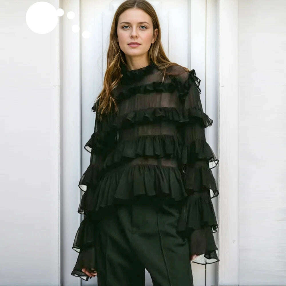 KIMLUD, VGH Solid Patchwork Ruffles Elegant Shirts For Women Stand Collar Long Sleeve Minimalist Loose Blouses Female Fashion Style New, KIMLUD Womens Clothes