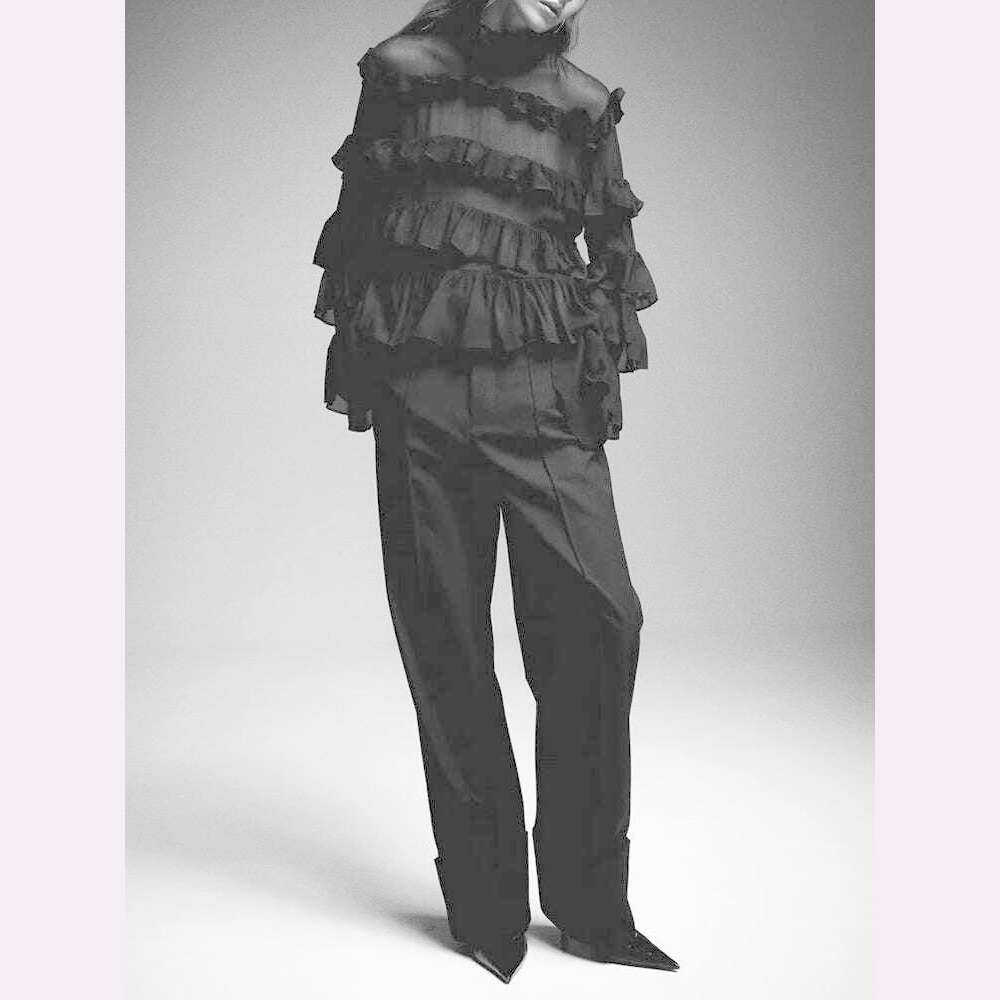 KIMLUD, VGH Solid Patchwork Ruffles Elegant Shirts For Women Stand Collar Long Sleeve Minimalist Loose Blouses Female Fashion Style New, KIMLUD Womens Clothes