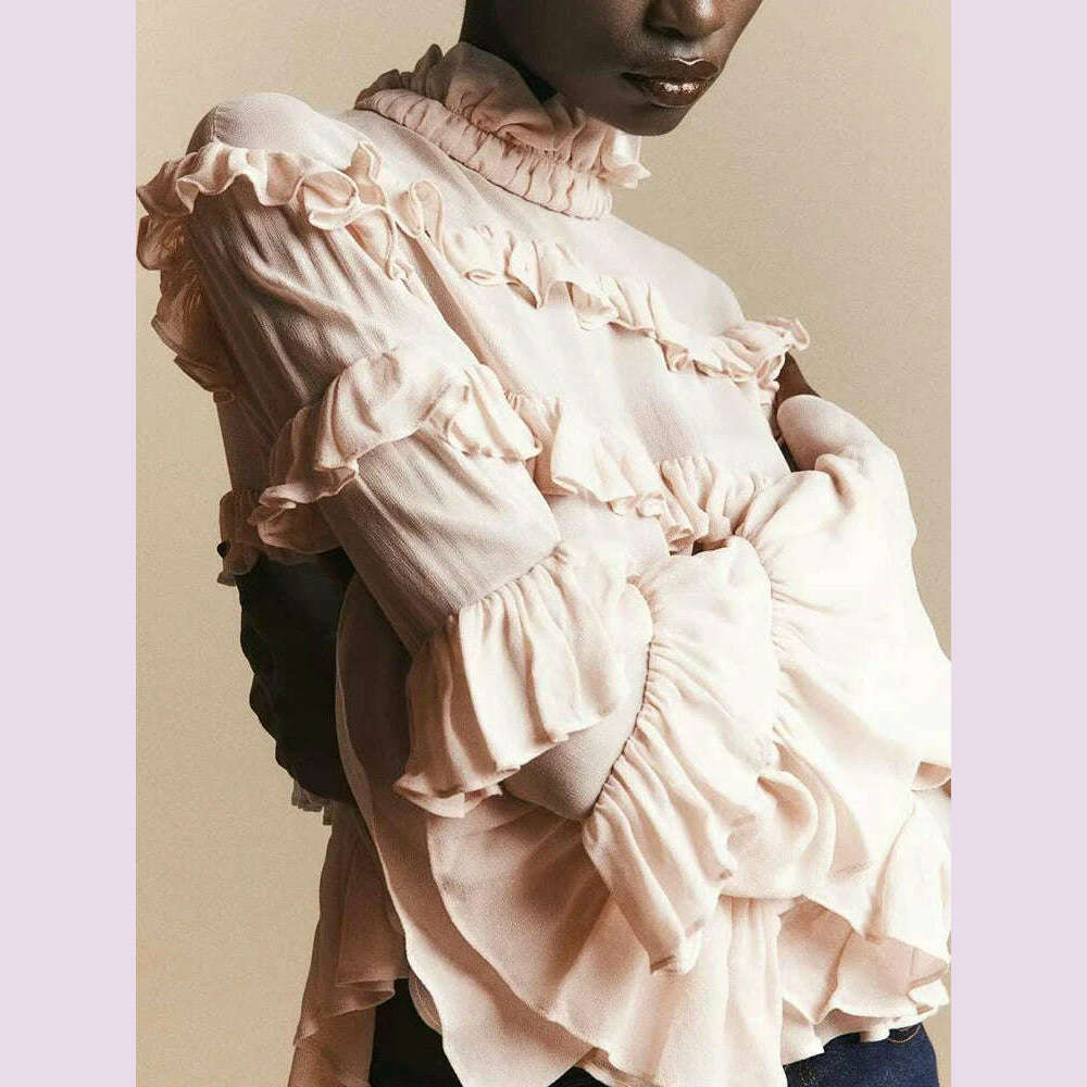 KIMLUD, VGH Solid Patchwork Ruffles Elegant Shirts For Women Stand Collar Long Sleeve Minimalist Loose Blouses Female Fashion Style New, KIMLUD Womens Clothes