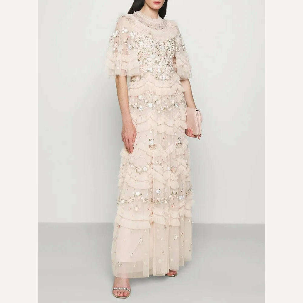 VGH Solid Patchwork Sequins Elegant Dress For Women Round Neck Flare Sleeve High Waist Folds Vintage Long Dresses Female Style - KIMLUD