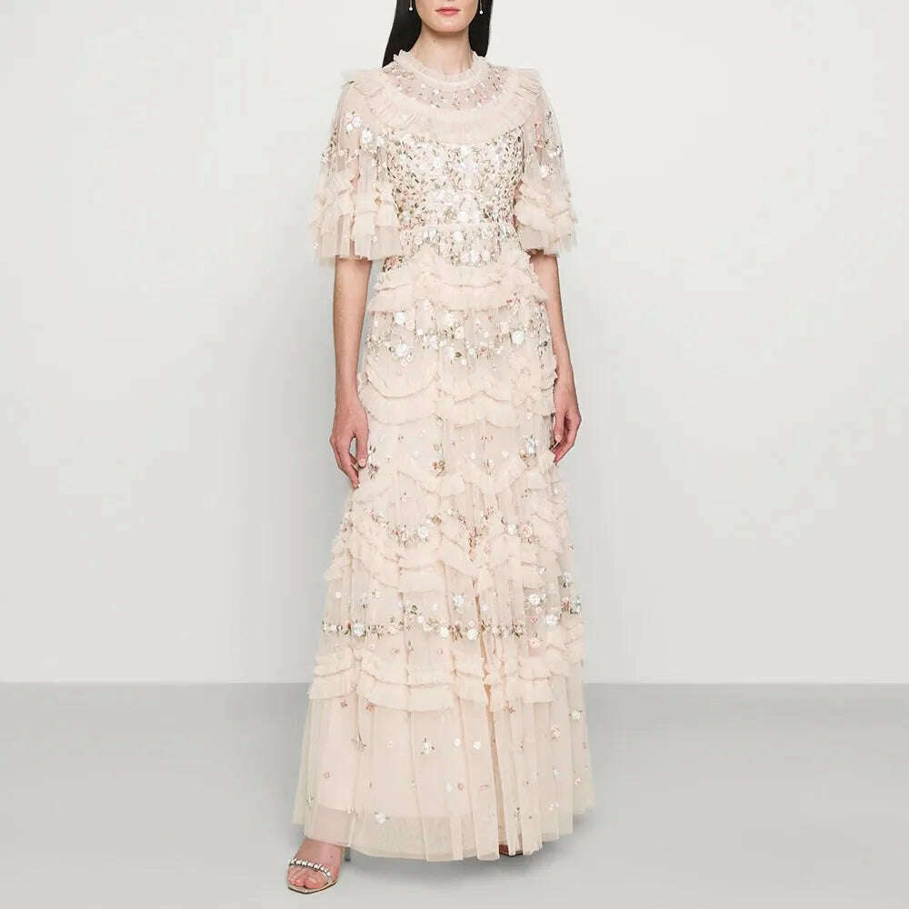 VGH Solid Patchwork Sequins Elegant Dress For Women Round Neck Flare Sleeve High Waist Folds Vintage Long Dresses Female Style - KIMLUD