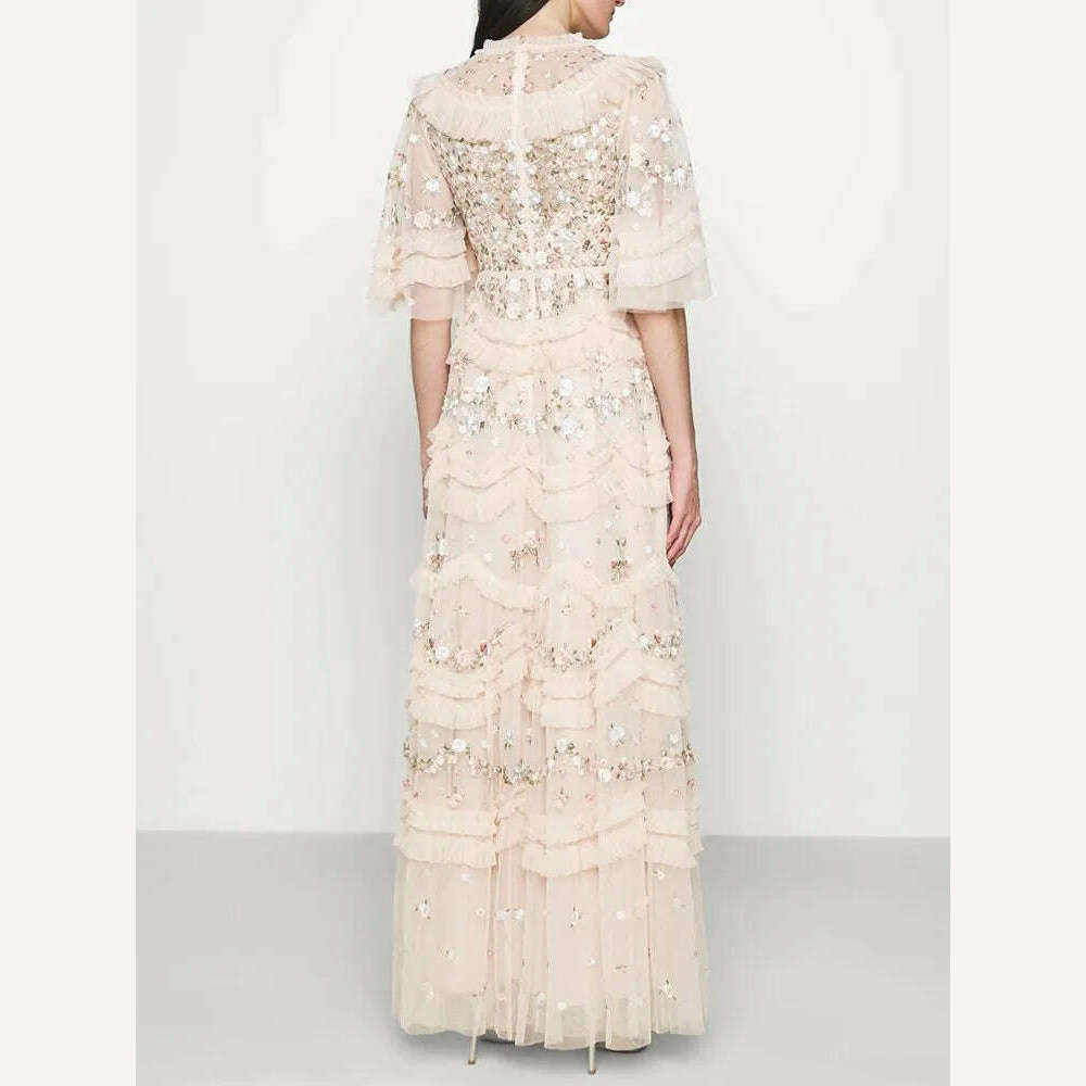 VGH Solid Patchwork Sequins Elegant Dress For Women Round Neck Flare Sleeve High Waist Folds Vintage Long Dresses Female Style - KIMLUD