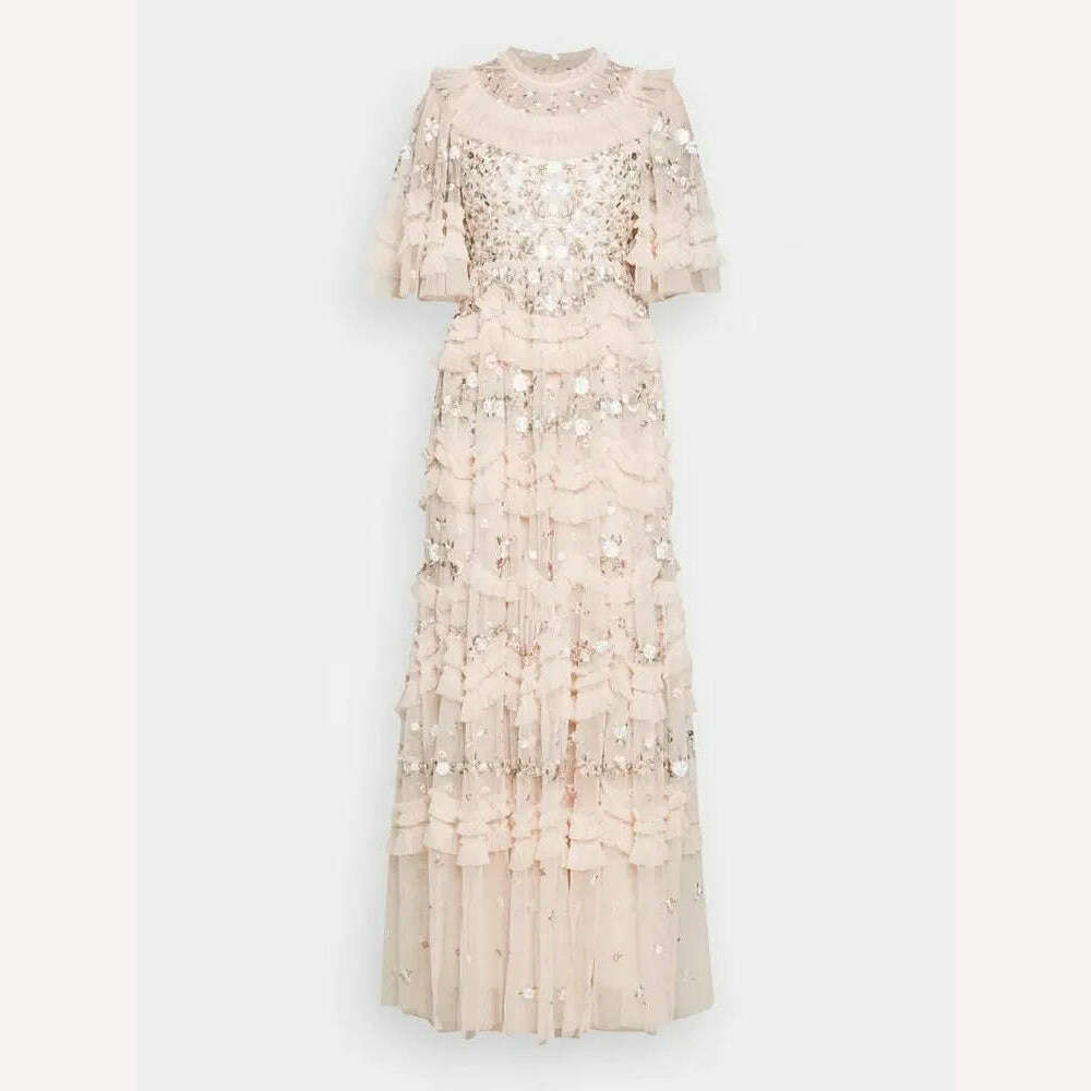 VGH Solid Patchwork Sequins Elegant Dress For Women Round Neck Flare Sleeve High Waist Folds Vintage Long Dresses Female Style - KIMLUD