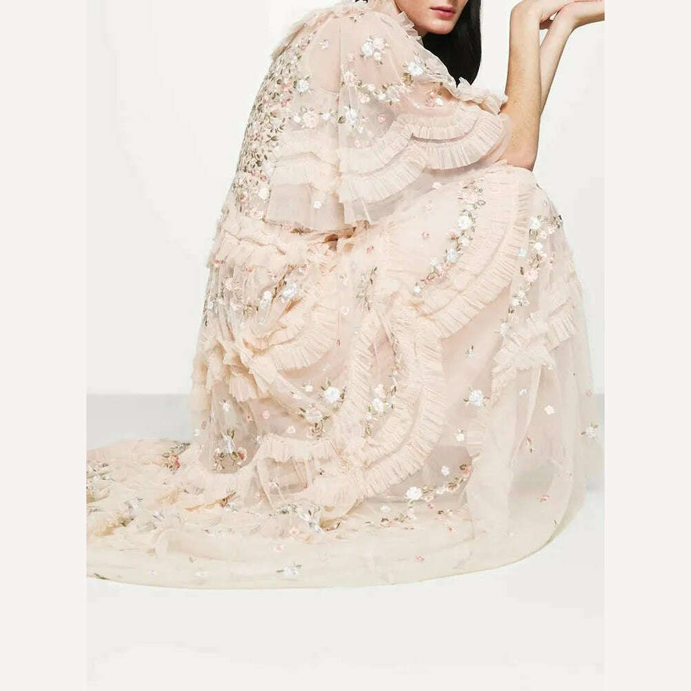 VGH Solid Patchwork Sequins Elegant Dress For Women Round Neck Flare Sleeve High Waist Folds Vintage Long Dresses Female Style - KIMLUD