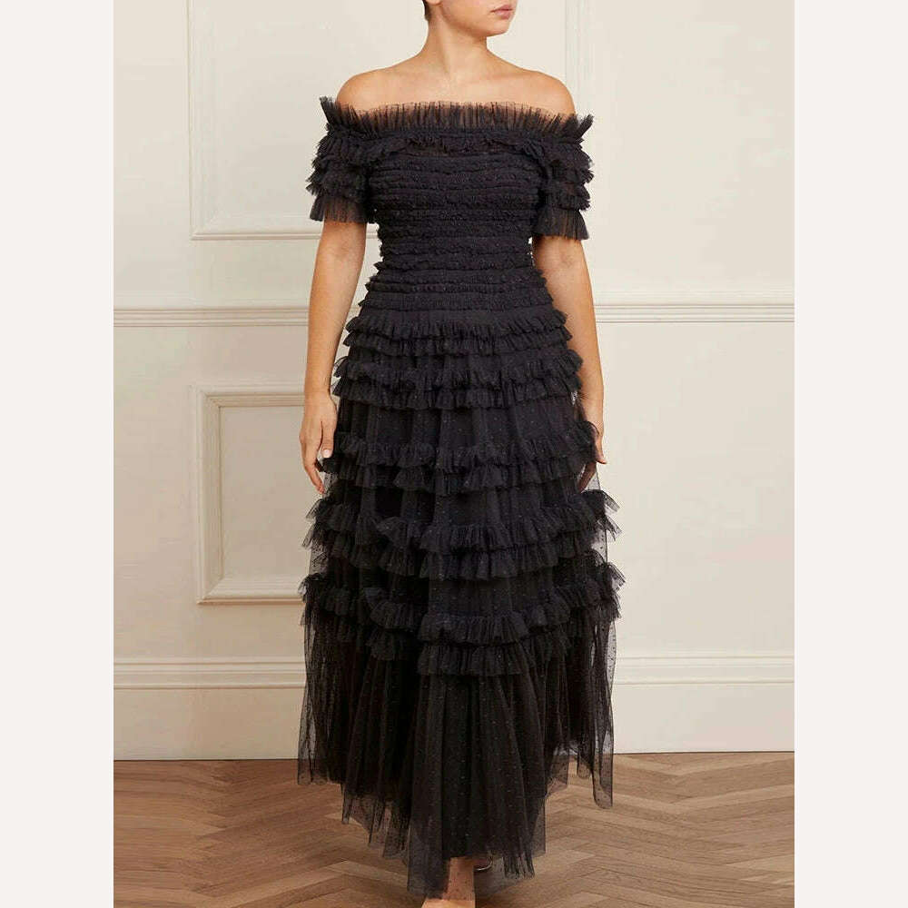 VGH Solid Slimming Temperament Mesh Dresses For Women Slash Neck Short Sleeve High Waist A Line Strapless Dress Female Summer - KIMLUD