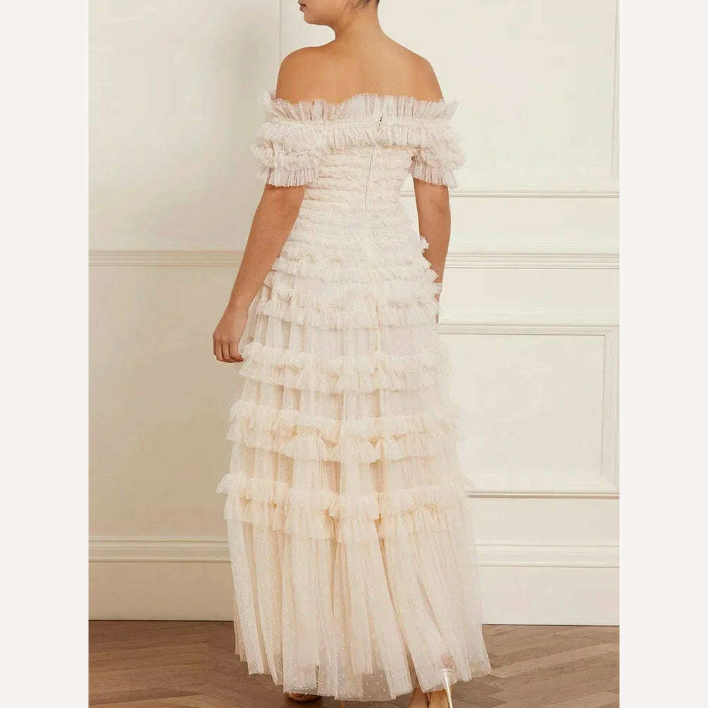 VGH Solid Slimming Temperament Mesh Dresses For Women Slash Neck Short Sleeve High Waist A Line Strapless Dress Female Summer - KIMLUD