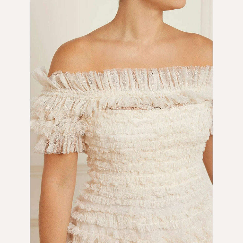 VGH Solid Slimming Temperament Mesh Dresses For Women Slash Neck Short Sleeve High Waist A Line Strapless Dress Female Summer - KIMLUD