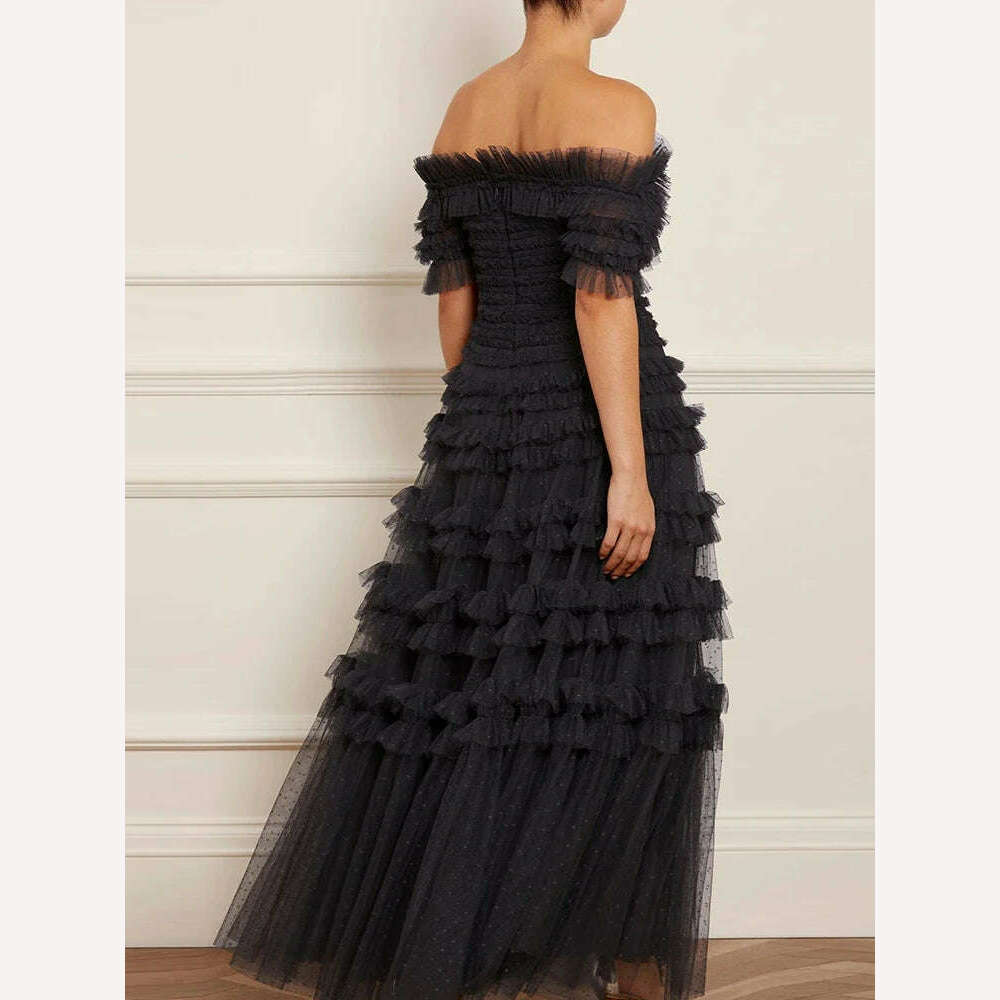 VGH Solid Slimming Temperament Mesh Dresses For Women Slash Neck Short Sleeve High Waist A Line Strapless Dress Female Summer - KIMLUD