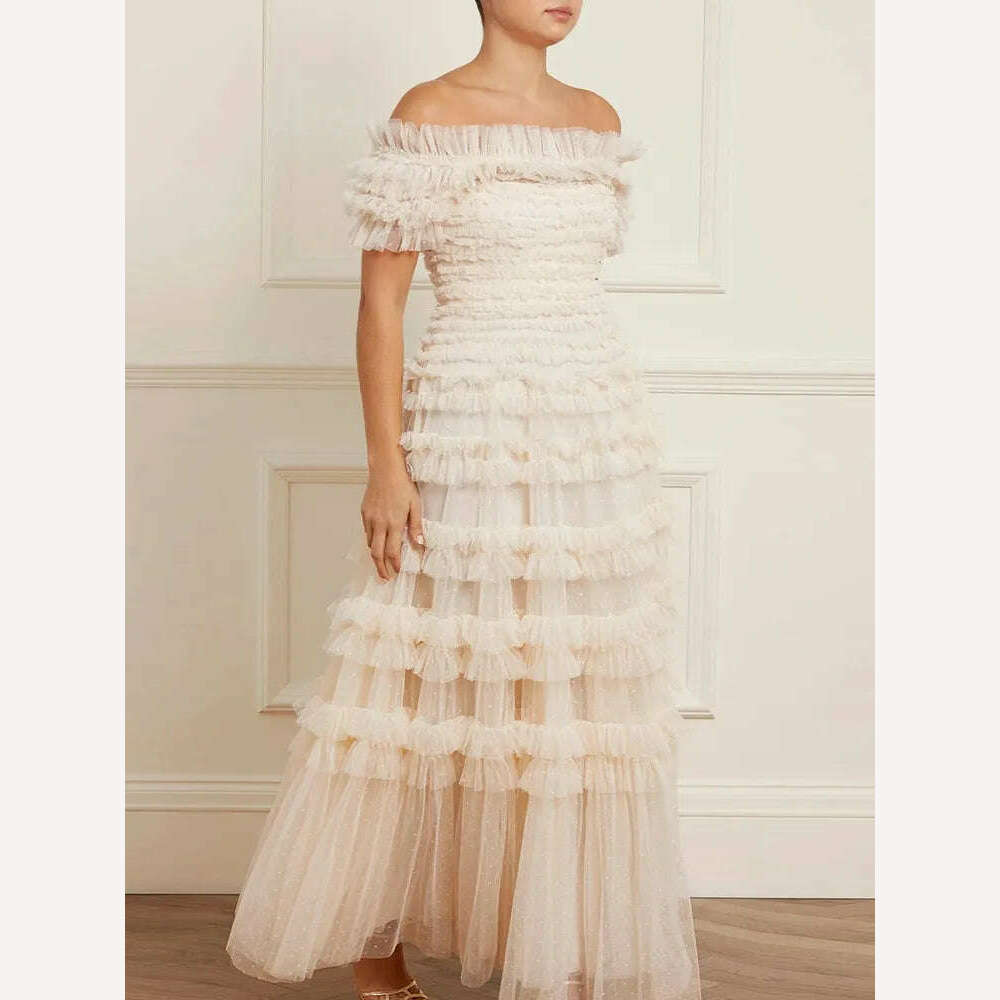 VGH Solid Slimming Temperament Mesh Dresses For Women Slash Neck Short Sleeve High Waist A Line Strapless Dress Female Summer - KIMLUD