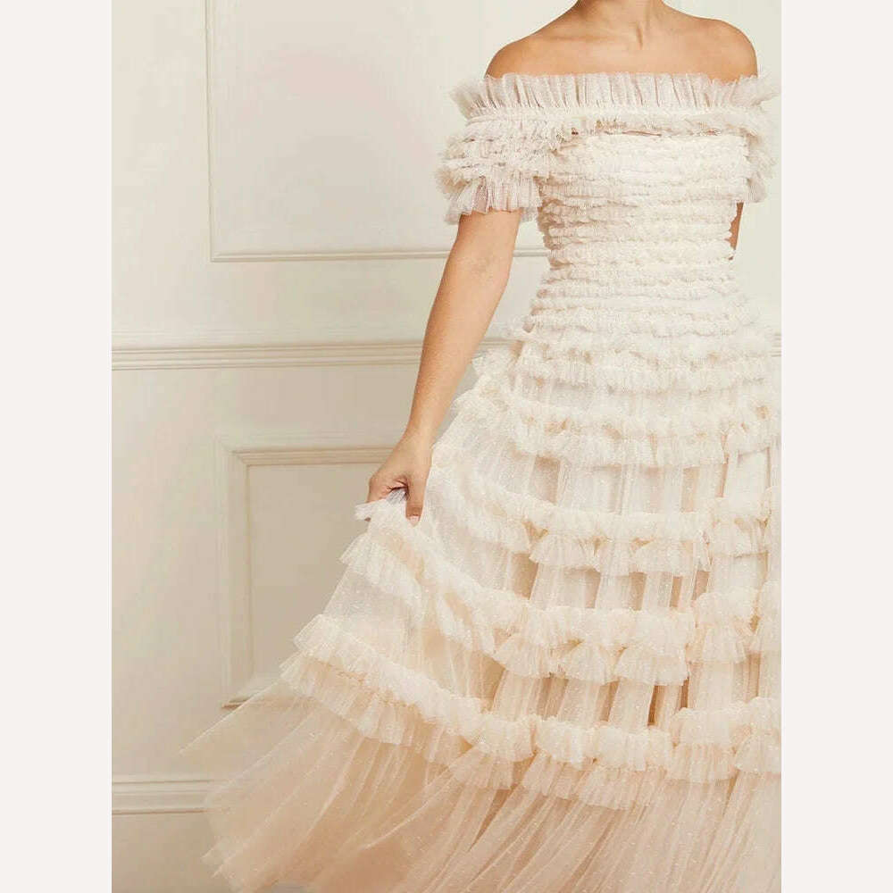 VGH Solid Slimming Temperament Mesh Dresses For Women Slash Neck Short Sleeve High Waist A Line Strapless Dress Female Summer - KIMLUD