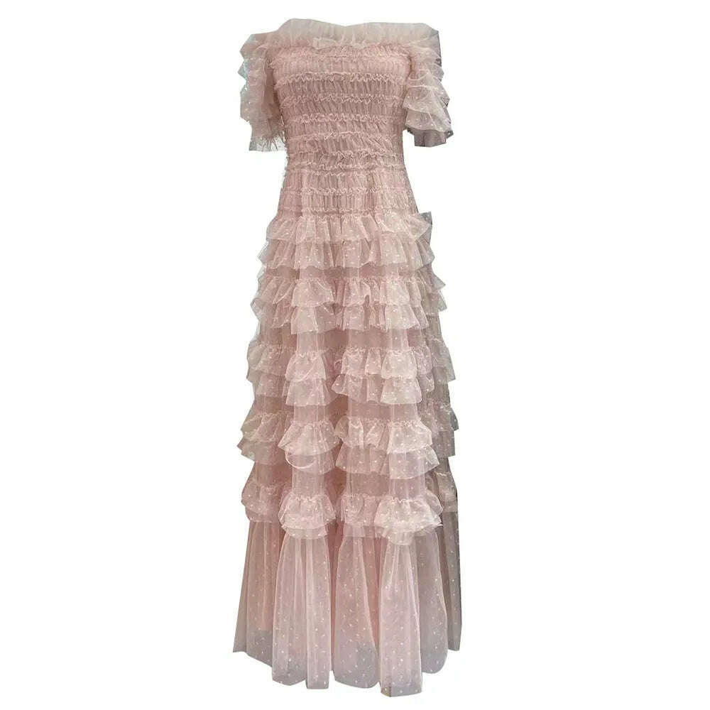 VGH Solid Slimming Temperament Mesh Dresses For Women Slash Neck Short Sleeve High Waist A Line Strapless Dress Female Summer - KIMLUD