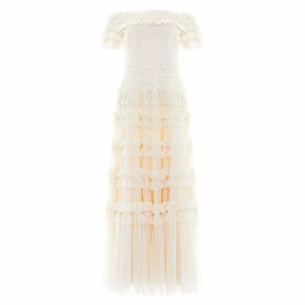 VGH Solid Slimming Temperament Mesh Dresses For Women Slash Neck Short Sleeve High Waist A Line Strapless Dress Female Summer - KIMLUD