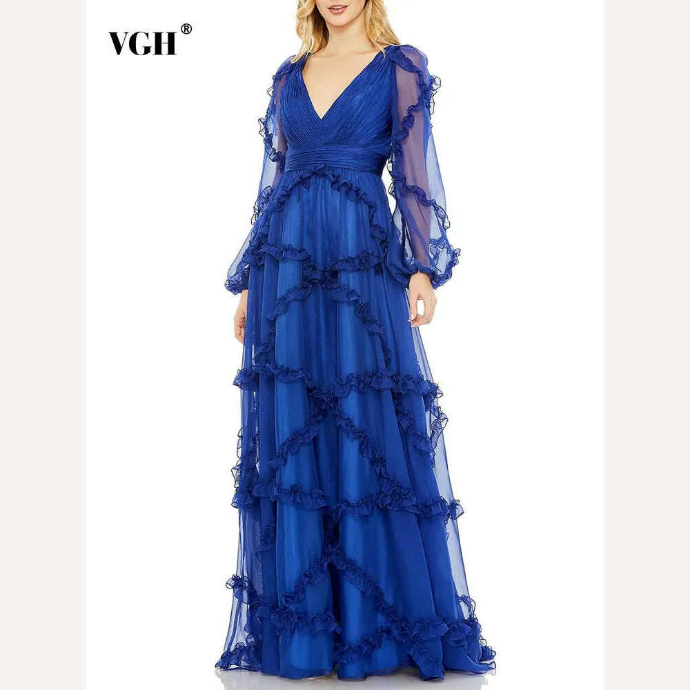 KIMLUD, VGH Solid Spliced Mesh Elegant Dresses For Women V Neck Lantern Sleeve High Waist Patchwork Ruffles A Line Dress Female Fashion, KIMLUD Womens Clothes