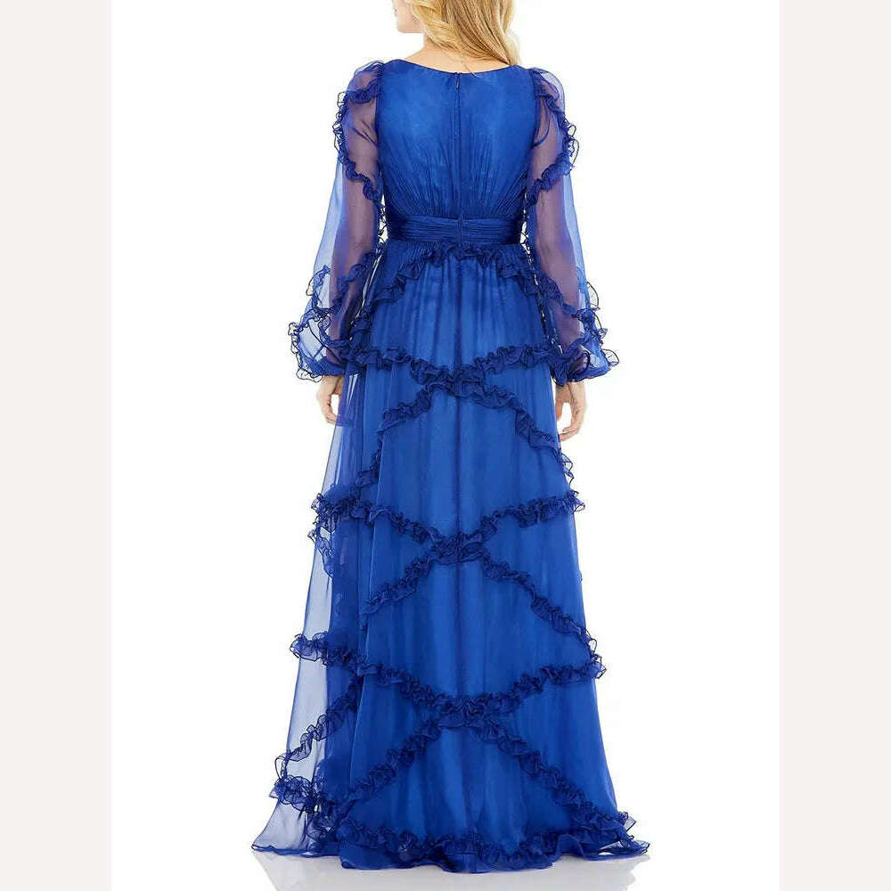KIMLUD, VGH Solid Spliced Mesh Elegant Dresses For Women V Neck Lantern Sleeve High Waist Patchwork Ruffles A Line Dress Female Fashion, KIMLUD Womens Clothes