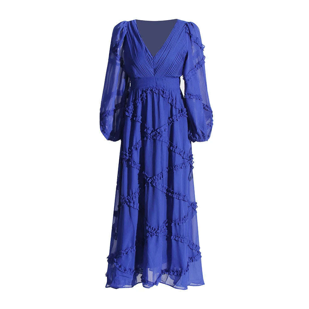 KIMLUD, VGH Solid Spliced Mesh Elegant Dresses For Women V Neck Lantern Sleeve High Waist Patchwork Ruffles A Line Dress Female Fashion, BLUE / S, KIMLUD APPAREL - Womens Clothes
