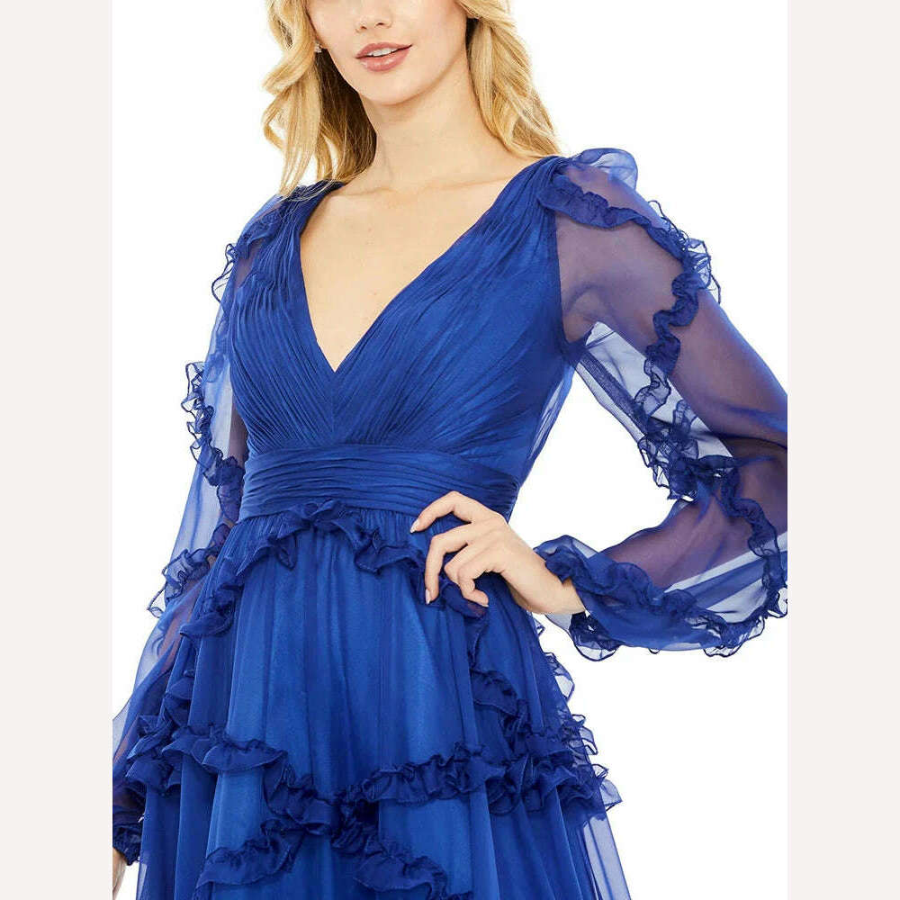 KIMLUD, VGH Solid Spliced Mesh Elegant Dresses For Women V Neck Lantern Sleeve High Waist Patchwork Ruffles A Line Dress Female Fashion, KIMLUD Womens Clothes