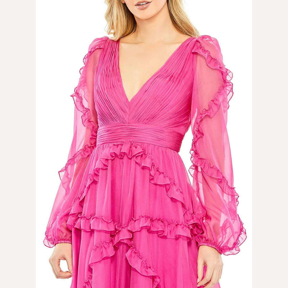 KIMLUD, VGH Solid Spliced Mesh Elegant Dresses For Women V Neck Lantern Sleeve High Waist Patchwork Ruffles A Line Dress Female Fashion, KIMLUD Womens Clothes