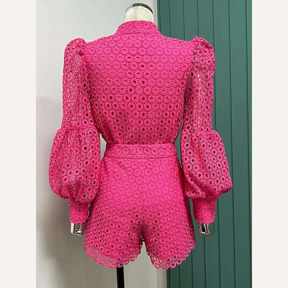 KIMLUD, VGH Solid Two Piece Set For Women Round Neck Lantern Sleeve Cut Out Spliced Pearls Floral Top High Waist Shorts Chic Sets Female, KIMLUD Womens Clothes