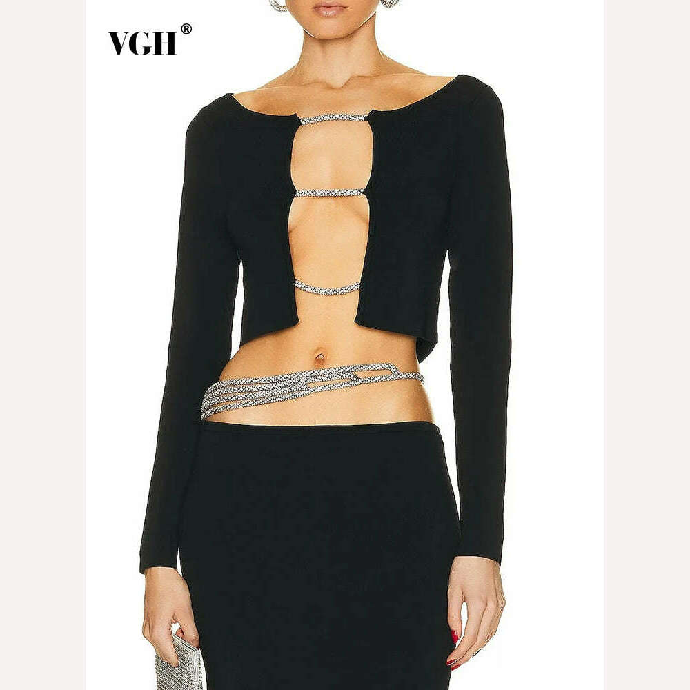 KIMLUD, VGH Spliced Diamonds Hollow Out Sexy Knitting Sweaters For Women Round Neck Long Sleeve Solid Slimming Pullover Sweater Female, KIMLUD Womens Clothes