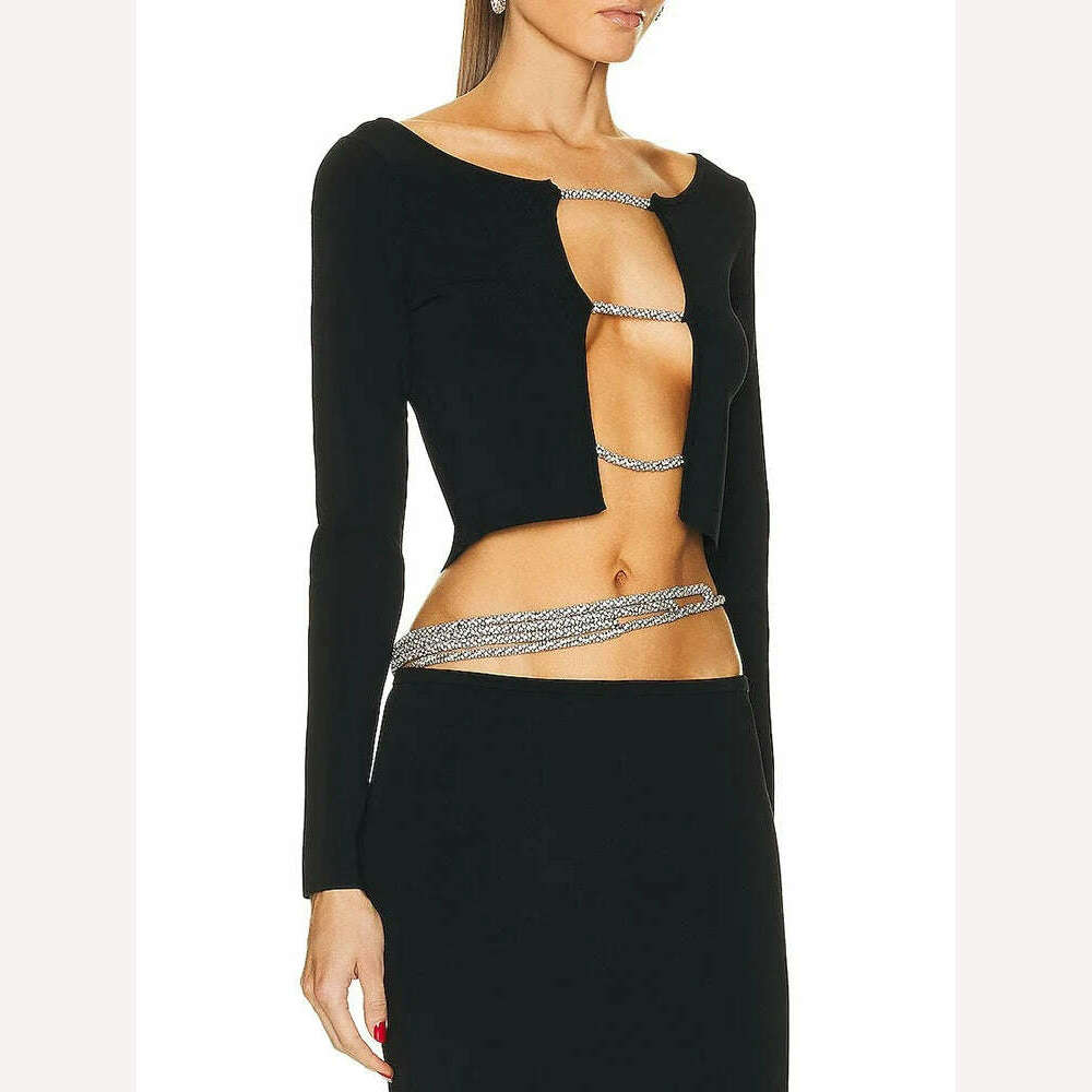 KIMLUD, VGH Spliced Diamonds Hollow Out Sexy Knitting Sweaters For Women Round Neck Long Sleeve Solid Slimming Pullover Sweater Female, KIMLUD Womens Clothes