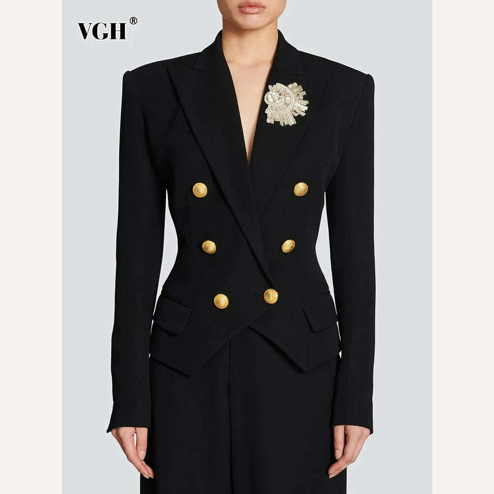KIMLUD, VGH Spliced Diamonds Vintage Blazers For Women Notched Collar Long Sleeve Tunic Patchwork Double Breasted Solid Blazer Female, KIMLUD Womens Clothes