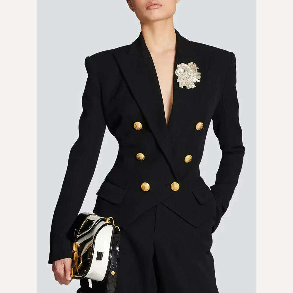 KIMLUD, VGH Spliced Diamonds Vintage Blazers For Women Notched Collar Long Sleeve Tunic Patchwork Double Breasted Solid Blazer Female, KIMLUD Womens Clothes