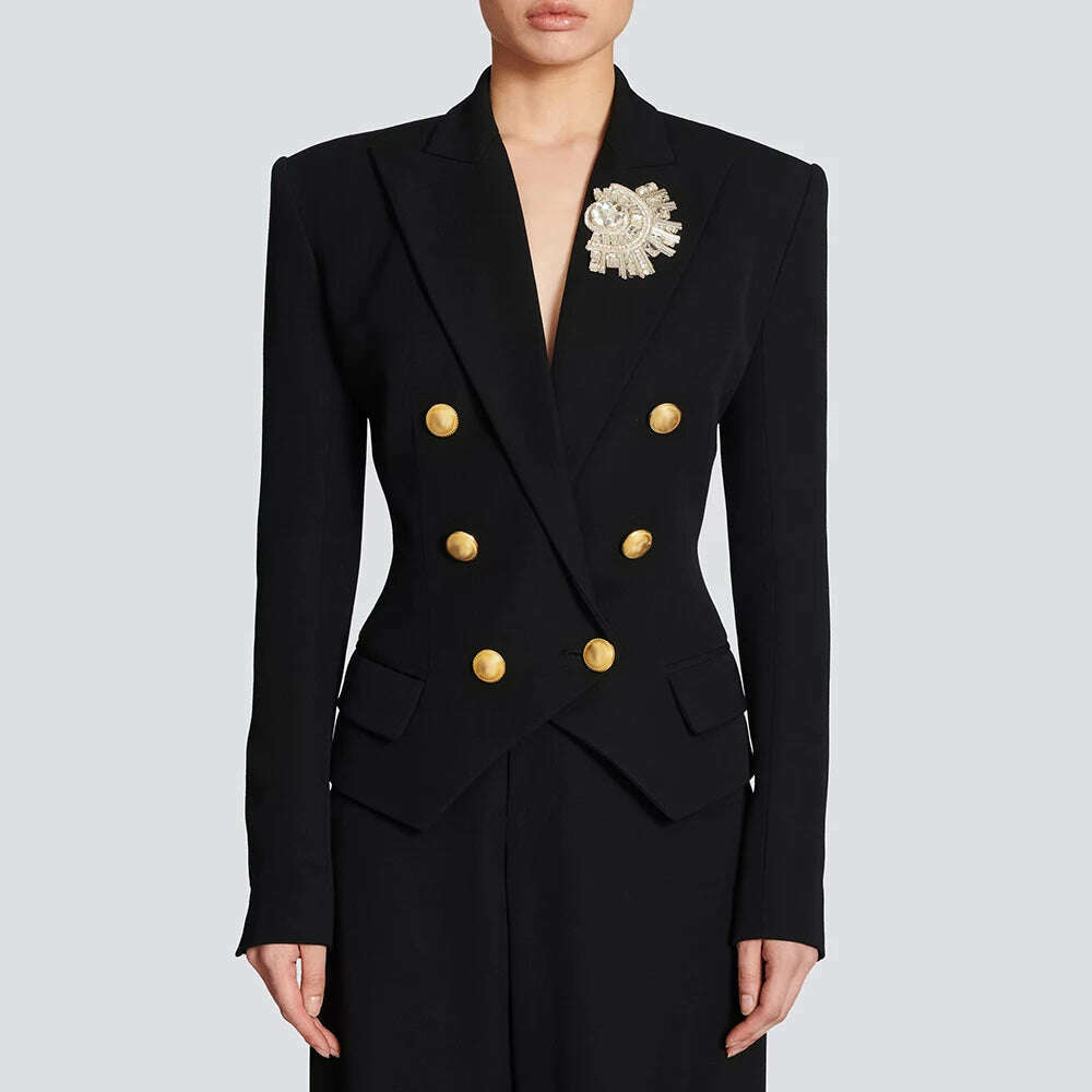 KIMLUD, VGH Spliced Diamonds Vintage Blazers For Women Notched Collar Long Sleeve Tunic Patchwork Double Breasted Solid Blazer Female, Black / S, KIMLUD APPAREL - Womens Clothes