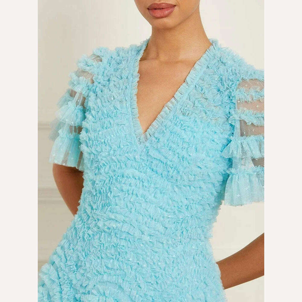 KIMLUD, VGH Spliced Edible Tree Fungus Dress For Women V Neck Short Sleeve High Waist Elegant Mesh Slimming Dresses Female Spring New, KIMLUD Womens Clothes