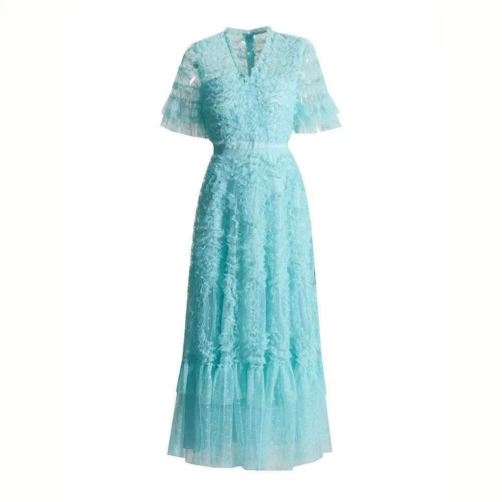 KIMLUD, VGH Spliced Edible Tree Fungus Dress For Women V Neck Short Sleeve High Waist Elegant Mesh Slimming Dresses Female Spring New, KIMLUD Womens Clothes