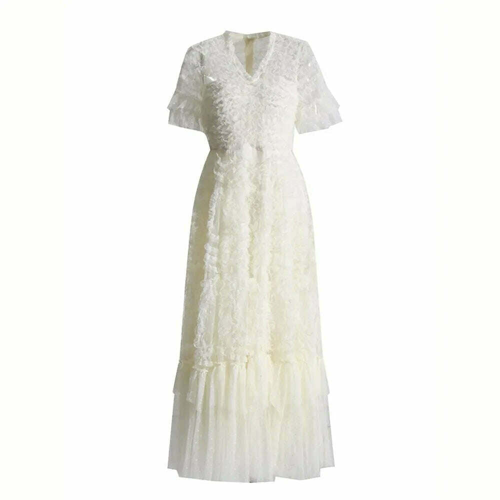 KIMLUD, VGH Spliced Edible Tree Fungus Dress For Women V Neck Short Sleeve High Waist Elegant Mesh Slimming Dresses Female Spring New, KIMLUD Womens Clothes