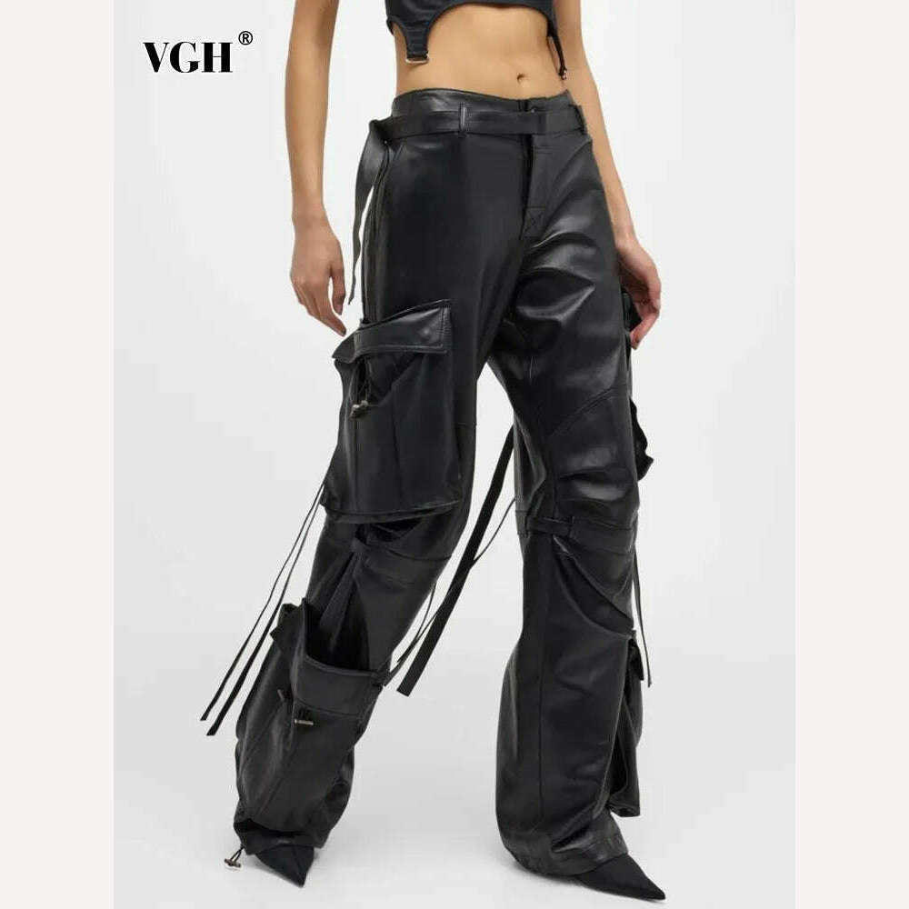 KIMLUD, VGH spliced pockets solid leather cargo pants for women high waist patchwork belt loose streetwear floor length trouser female, KIMLUD Womens Clothes