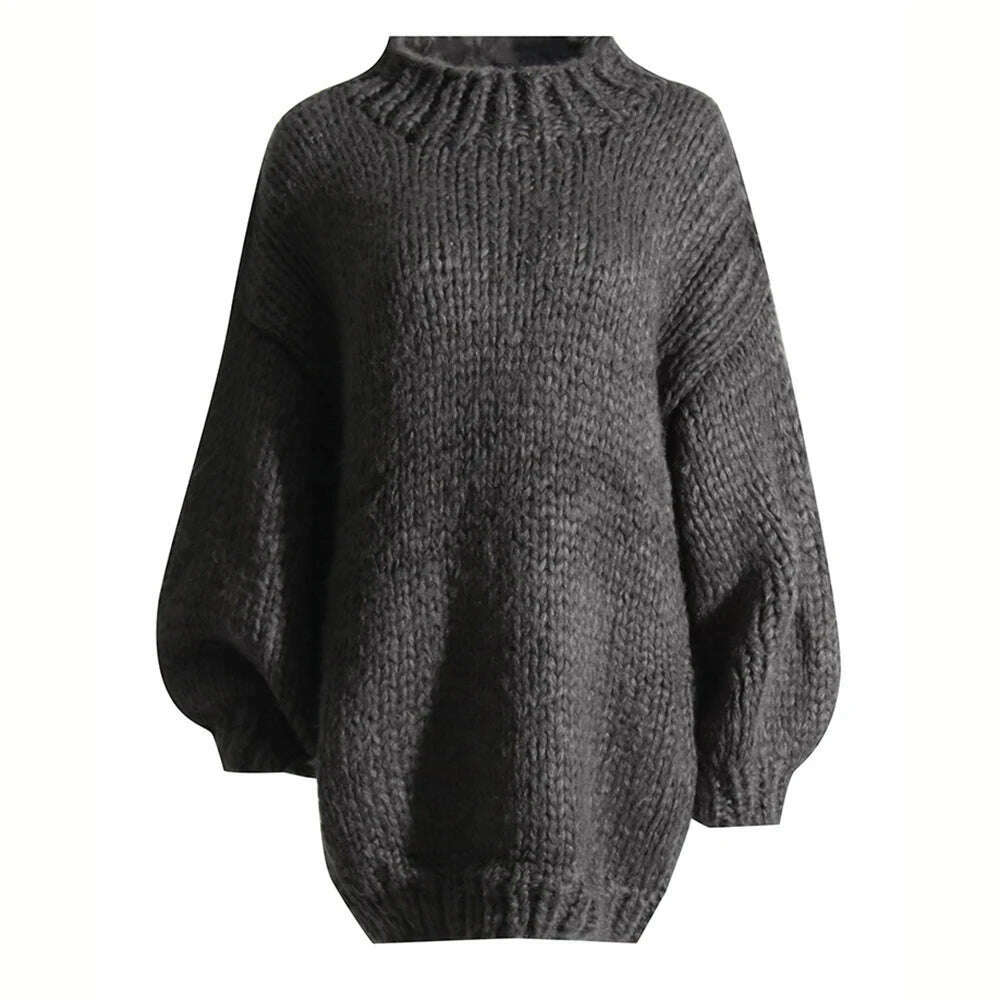 KIMLUD, VGH Temperaent Soild Sweaters For Women Round Neck Lantern Sleeve Casual Loose Knitting Pullover Sweater Female Fashion Clothing, KIMLUD Womens Clothes