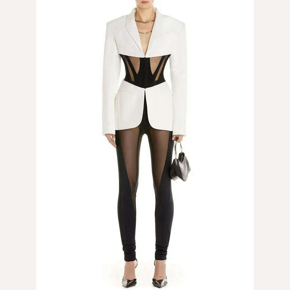 KIMLUD, VGH Temperament Blazers For Women Notched Collar Long Sleeve Hit Color Patchwork Sheer Mesh Slim Blazer Female Fashion Style New, KIMLUD Womens Clothes