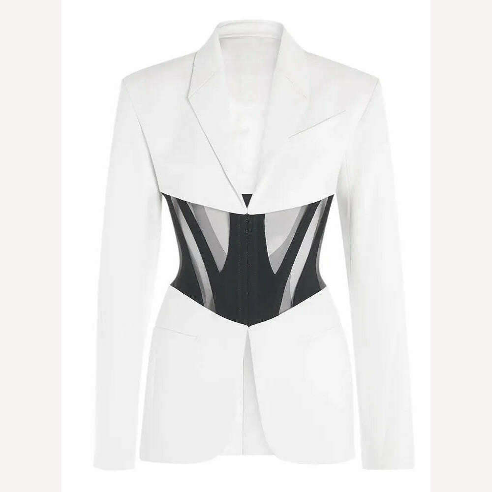 KIMLUD, VGH Temperament Blazers For Women Notched Collar Long Sleeve Hit Color Patchwork Sheer Mesh Slim Blazer Female Fashion Style New, KIMLUD Womens Clothes