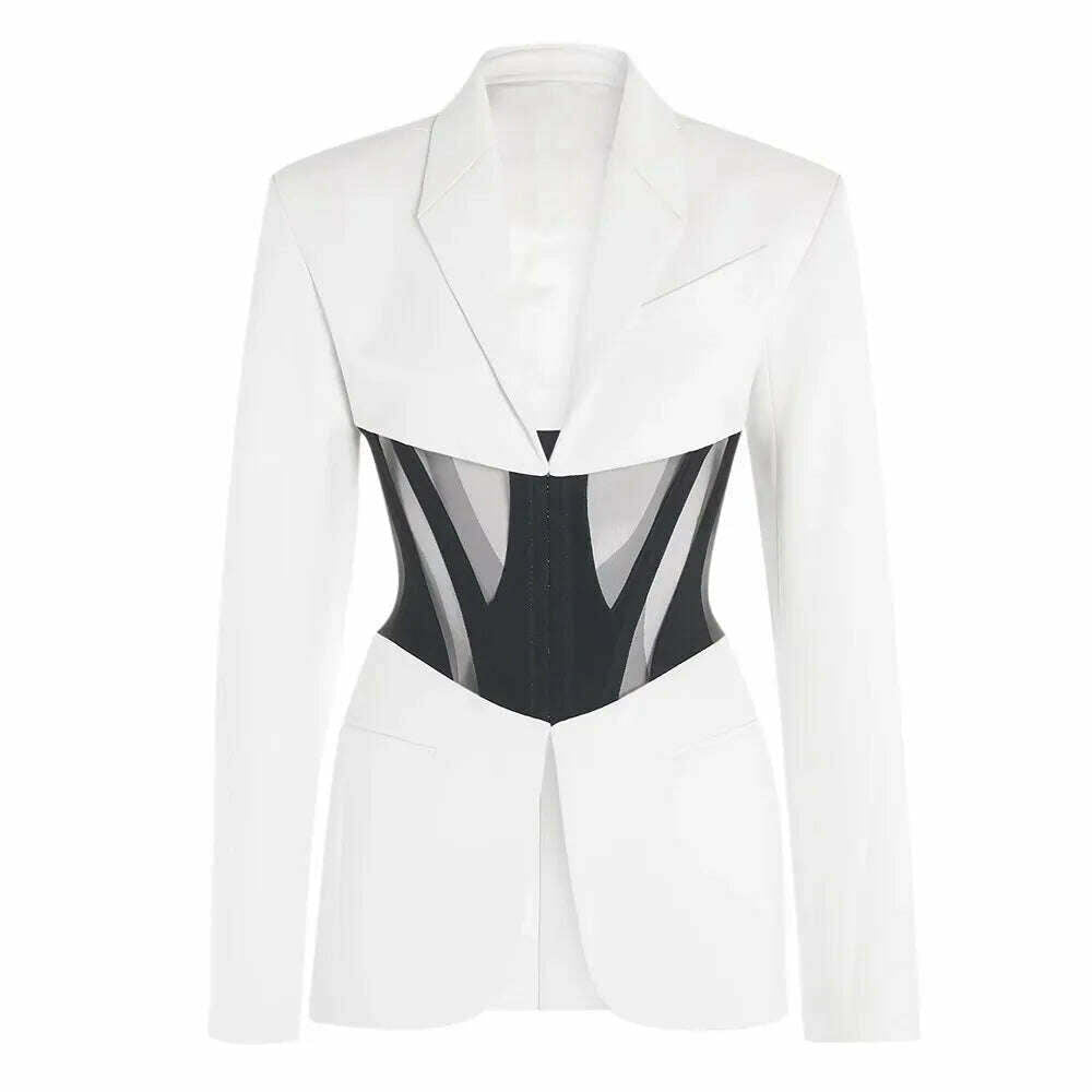 KIMLUD, VGH Temperament Blazers For Women Notched Collar Long Sleeve Hit Color Patchwork Sheer Mesh Slim Blazer Female Fashion Style New, White / S, KIMLUD APPAREL - Womens Clothes