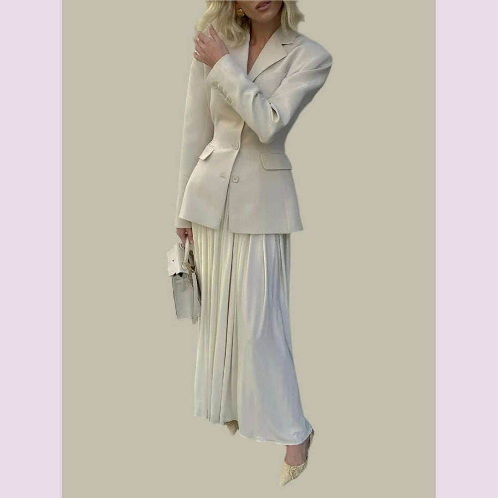 KIMLUD, VGH Temperament Two Piece Sets For Women Notched Collar Long Sleeve Blazers High Waist A Line Pleated Skirts Elegant Set Female, KIMLUD Womens Clothes