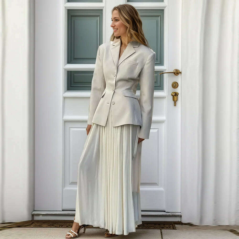 KIMLUD, VGH Temperament Two Piece Sets For Women Notched Collar Long Sleeve Blazers High Waist A Line Pleated Skirts Elegant Set Female, SET / S, KIMLUD APPAREL - Womens Clothes