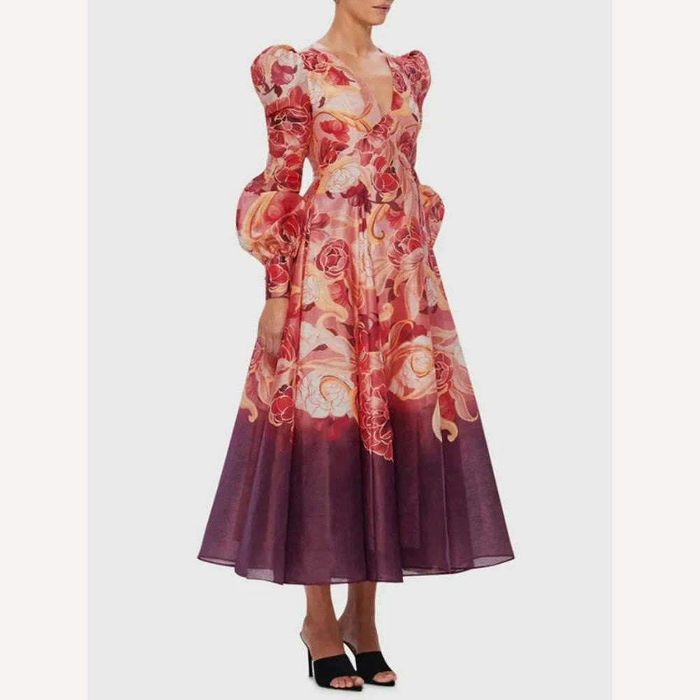 VGH Vintage Hit Color Floral Printing Dresses For Women V Neck Lantern Sleeve High Waist Temperament Formal Dress Female Style - KIMLUD